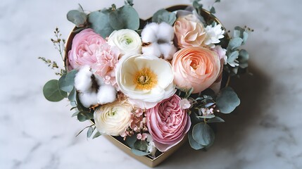 Beautiful Flower Arrangement in a Heart-Shaped Box / ハート型の箱に詰められた美しいフラワーアレンジメント