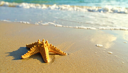 Starfish on a sandy beach with ocean waves in the background.