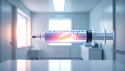 Futuristic medical treatment concept with a glowing syringe.