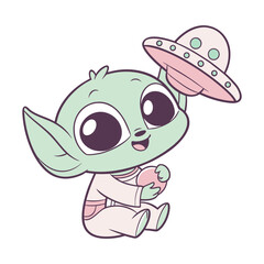 Cute Baby Alien Holding Tiny UFO Toy Cheerful Vector Illustration