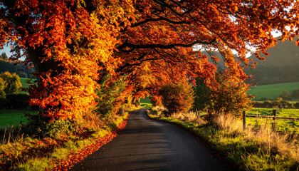 Autumnal Road Tunnel with Vibrant Orange and Red Foliage.