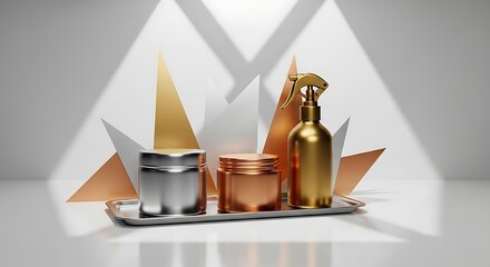 Elegant Metallic Beauty Products on Tray with Geometric Backdrops and Dramatic Spotlights.