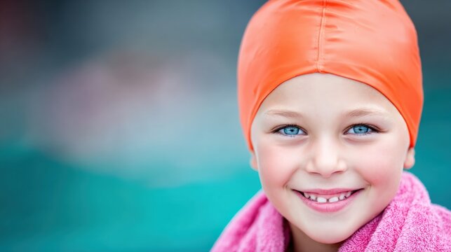 A young swimmer stands at the poolside, smiling with joy after finishing a significant competition. Wearing a bright orange swim cap and a pink towel, the atmosphere is filled with excitement