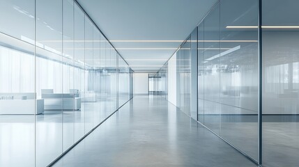 Modern glass office room interior with sleek walls and natural lighting, 3d rendering mockup for workspace design