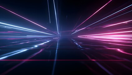 Abstract digital light trails streaking into the distance with vibrant blue and pink neon hues creating a sense of speed and futuristic motion on a dark background