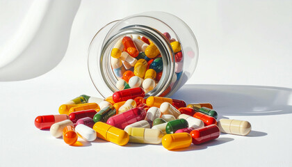 Colorful Capsules Spilling From Glass Jar on White Background.