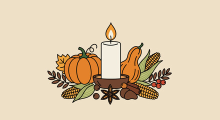 Thanksgiving Candle Arrangement with Pumpkins and Corn.