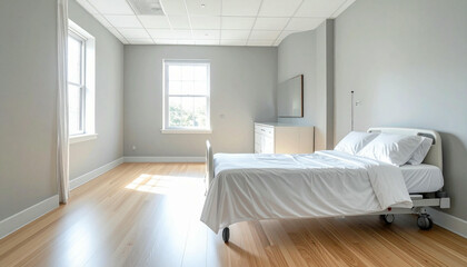 Empty Hospital Room with Bed and Natural Light.