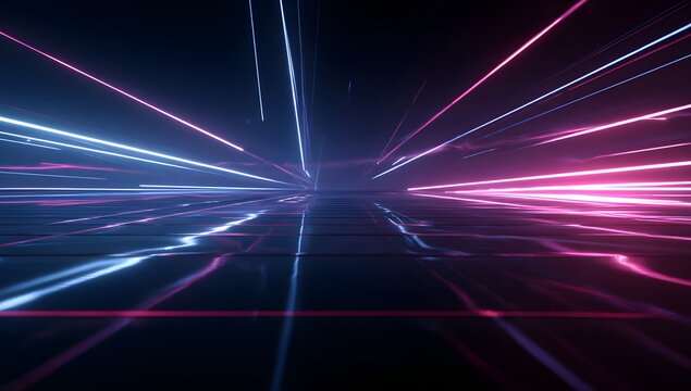 Abstract digital light trails streaking into the distance with vibrant blue and pink neon hues creating a sense of speed and futuristic motion on a dark background - Powered by Adobe