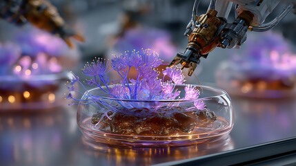 Futuristic food printing lab with neon holographic ingredients and advanced technology, modern culinary innovation and digital cooking concept generated AI