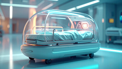 Futuristic Medical Transport Pod in a Modern Hospital Setting.