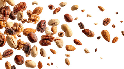 Obraz premium Set of various crushed dried nuts including almonds cashews pistachios and walnuts rich in protein fiber and healthy fats isolated on white background