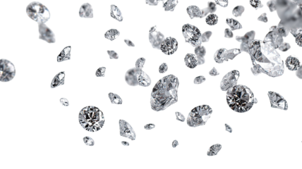 Scattered diamonds spread across surface showing sparkling brilliance clear crystal reflections and luxury gemstone beauty isolated on white background