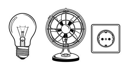 Vintage electric fan, light bulb, and wall socket on a white background