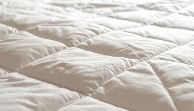 Close up of a soft white quilted mattress topper surface.