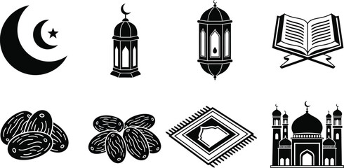Islamic symbols including crescent moon, lanterns, dates, prayer mat, mosque, and Quran for Ramadan and Eid