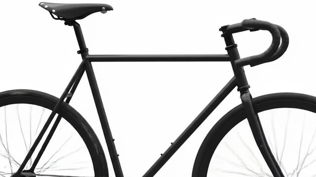 Close-up of a minimalist matte black road or fixed-gear bicycle, highlighting its frame, wheels, saddle, and handlebars