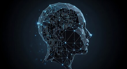 Abstract digital human head with circuit board inside network connections