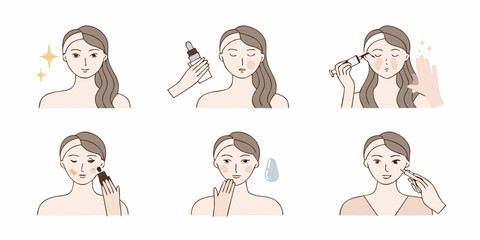 Woman s skincare routine steps illustrated with dropper serum and facial massage