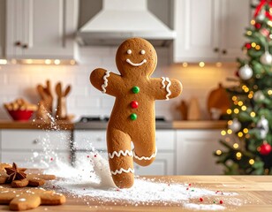Delicious, traditional Christmas gingerbread man and cookies on a holiday table