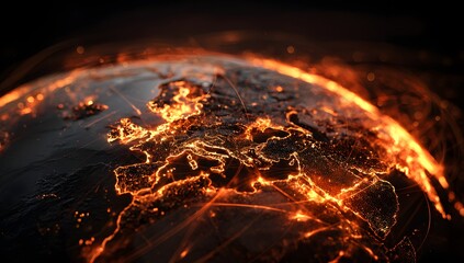 Global view of planet earth from space with continents illuminated by intense fiery orange and yellow light suggesting extreme heat or a catastrophic event