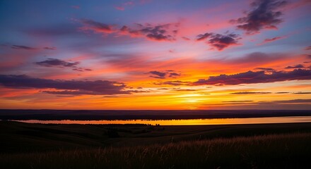 Obraz premium Vibrant Sunset Over Serene Landscape - A Colorful Sky.