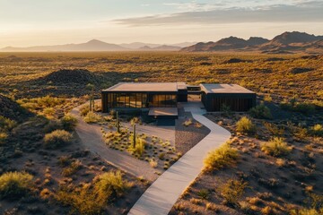 Obraz premium A house in the desert with a path leading to it