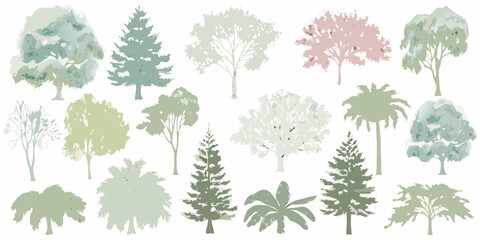 Collection of stylized watercolor trees in various shapes and soft pastel colors
