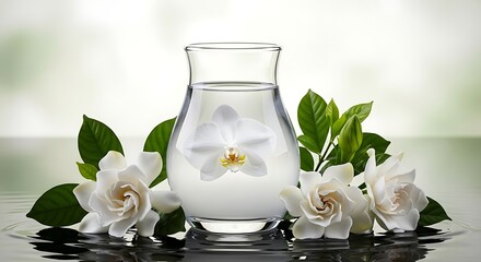 Luminous Spa Still Life - Submerged Orchid and Gardenias on a Wet Reflective Surface.