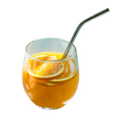 Fresh orange juice in a clear glass with floating citrus slices and a reusable metal straw isolated on a transparent background