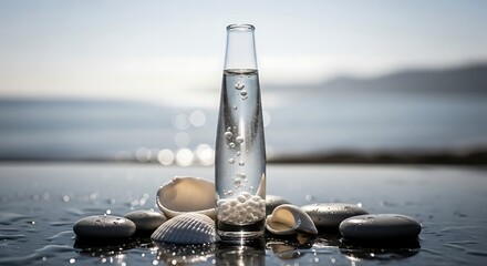 Serene Coastal Still Life - Glass Vase with Bubbles and Shells on a Reflective Shore.