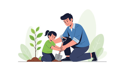 Father And Daughter Planting Together, Cultivating Nature, Demonstrating Family Bond And Care