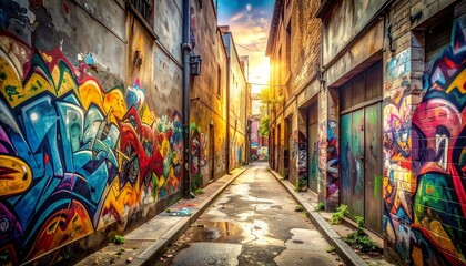 Fototapeta premium Vibrant Graffiti Art in a Narrow Urban Alley at Sunset.