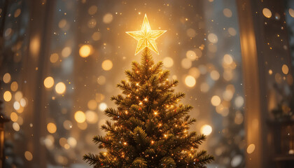 Golden star shining on top of a Christmas tree with glittering lights, soft blurred festive background