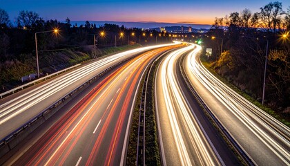 Long exposure light trails from traffic on a busy highway at dusk.