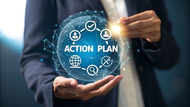 Action plan concept businessman holding virtual globe with action plan text and icons of business strategy, management, and success in his hands