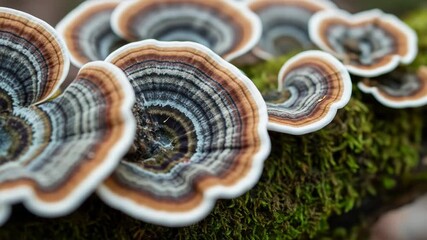 Concentric rings of colorful shelf fungi grow on mossy bark - Powered by Adobe