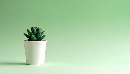 Small green succulent plant in a simple white pot against a pastel green background.