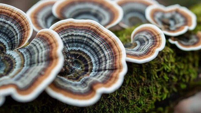 Concentric rings of colorful shelf fungi grow on mossy bark
