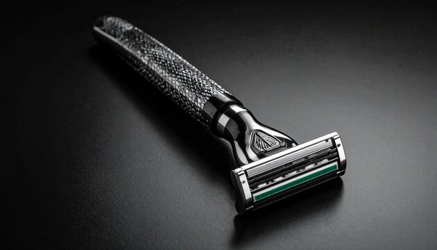 Modern black shaving razor with multiple blades on a dark background.