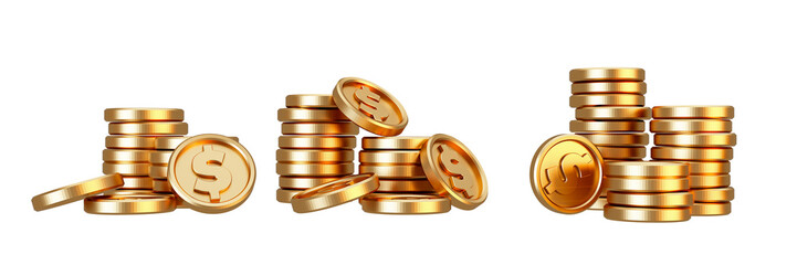 Set of gold coins stacked isolated on white. 3D rendering, png, transparent