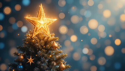 Golden star shining on top of a Christmas tree with glittering lights, soft blurred festive background