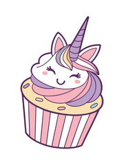 Magical Unicorn Cupcake Sticker Cute Fantasy Dessert Vector Illustration