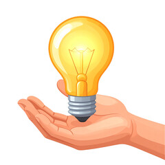 PNG vector illustration of a cartoon hand holding a glowing light bulb, symbolizing creativity and innovation. Ideal for projects related to ideas, brainstorming, and creative concepts