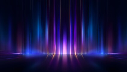 Abstract vertical glowing lines of vibrant purple and electric blue light streaks creating a futuristic and energetic digital background effect with a dark gradient