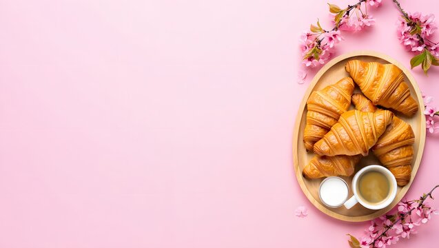 Delicious croissants and coffee on a wooden tray with pink flowers on a pink background layout art