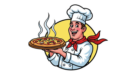 Italian Chef Pizza Logo &ndash; Cartoon Cook Holding Hot Pizza Vector