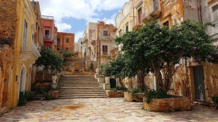 Obraz premium An alleyway with weathered buildings and stone steps.