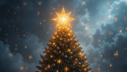 Golden star shining on top of a Christmas tree with glittering lights, soft blurred festive background