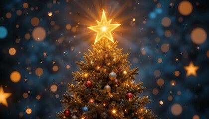 Golden star shining on top of a Christmas tree with glittering lights, soft blurred festive background